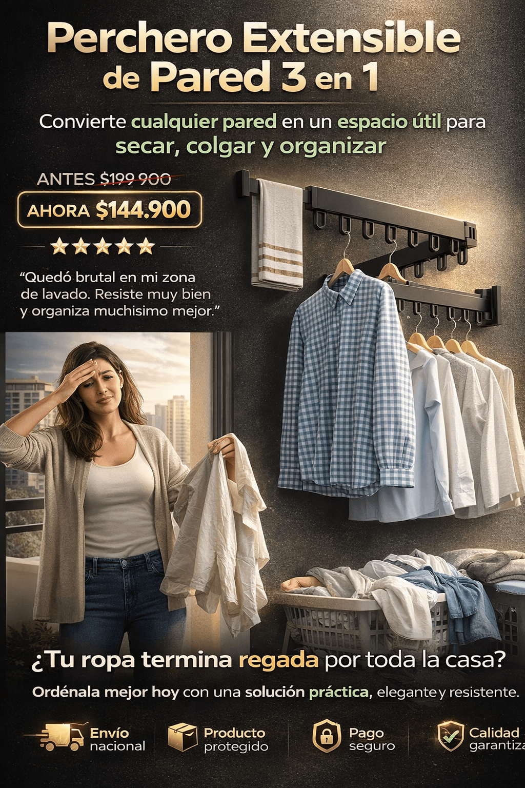Tendedero Extensible de pared 3 en 1 Importado 🇺🇸