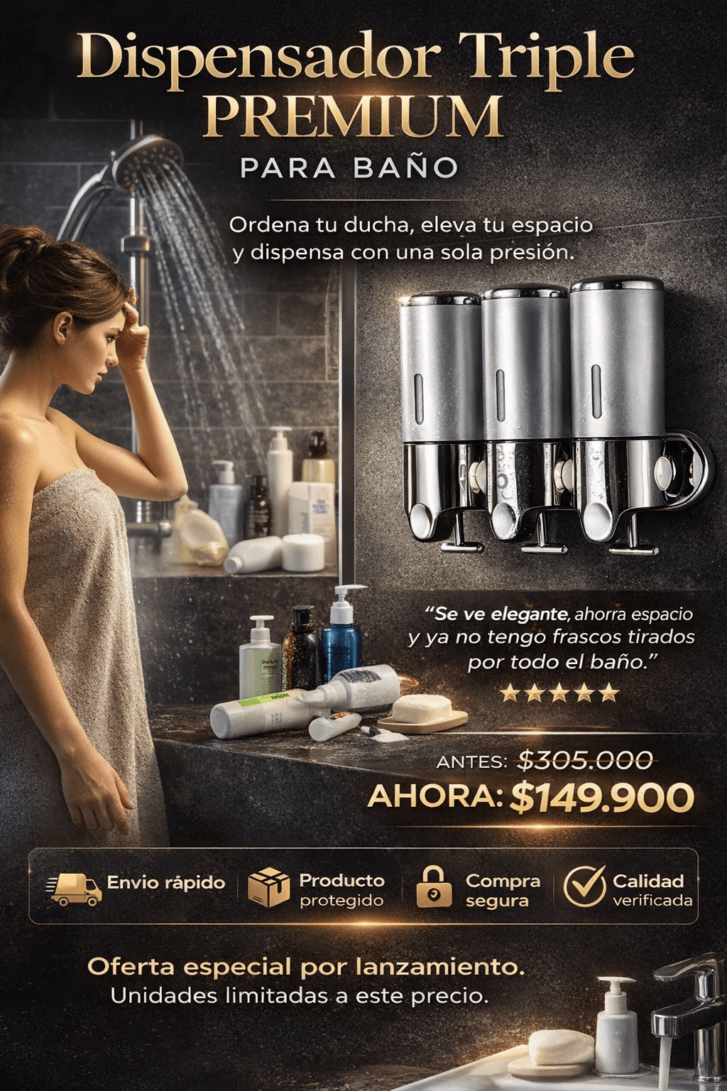 Dispensador Triple Premium para baño importado 🇺🇸