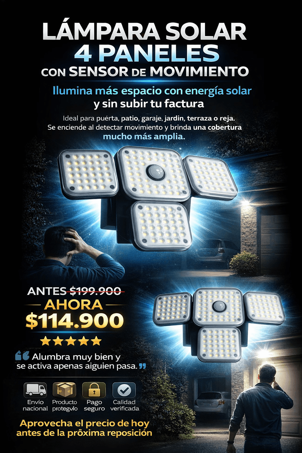 Lámpara Solar Inteligente 4 Paneles importado 🇺🇸