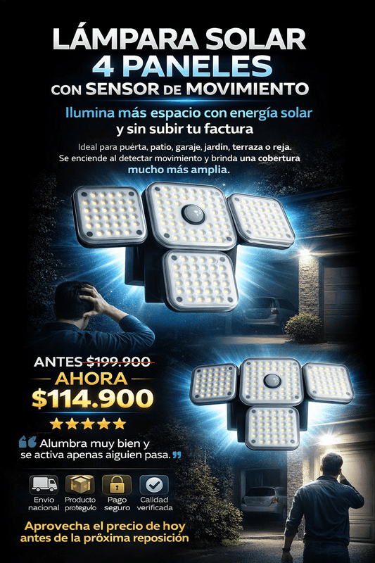 Lámpara Solar Inteligente 4 Paneles importado 🇺🇸