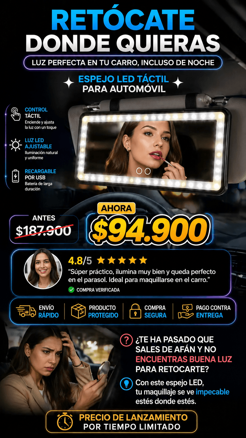 Espejo de maquillaje Carro Táctil Led-  Importado