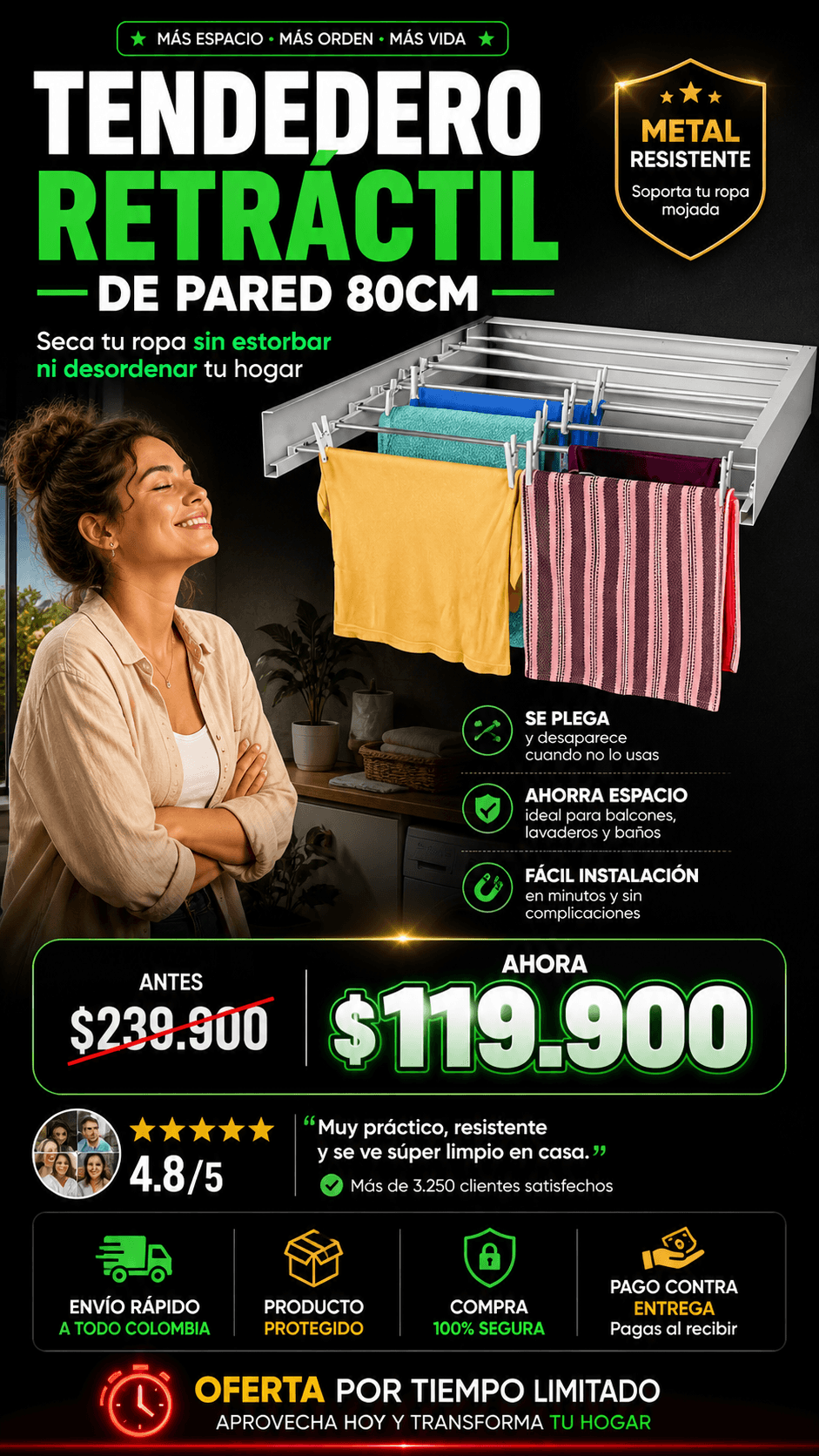 Tendedero Retráctil de Pared 80cm | Secado Eficiente y Discreto