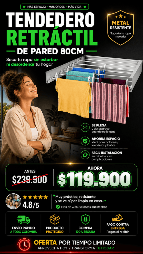 Tendedero Retráctil de Pared 80cm | Secado Eficiente y Discreto